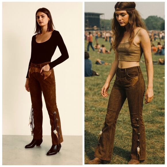 Vintage Ralph Lauren Suede Leather Fringe Pants Western Concho Lace Up Boho NWT - Picture 3 of 16